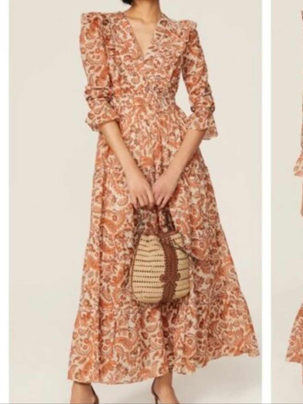 Maje Ruflina Paisley Print Frilled Maxi Dress in Orange Size 34